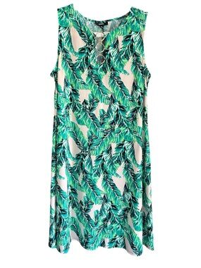 MSK Green and White Tropical Leaf Dress with Gold Ring Detail